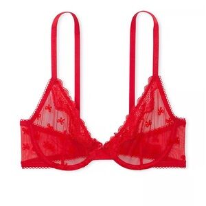 VICTORIA'S SECRET Tease Unlined Red lace bows Demi Sheer mesh Bra NWOT